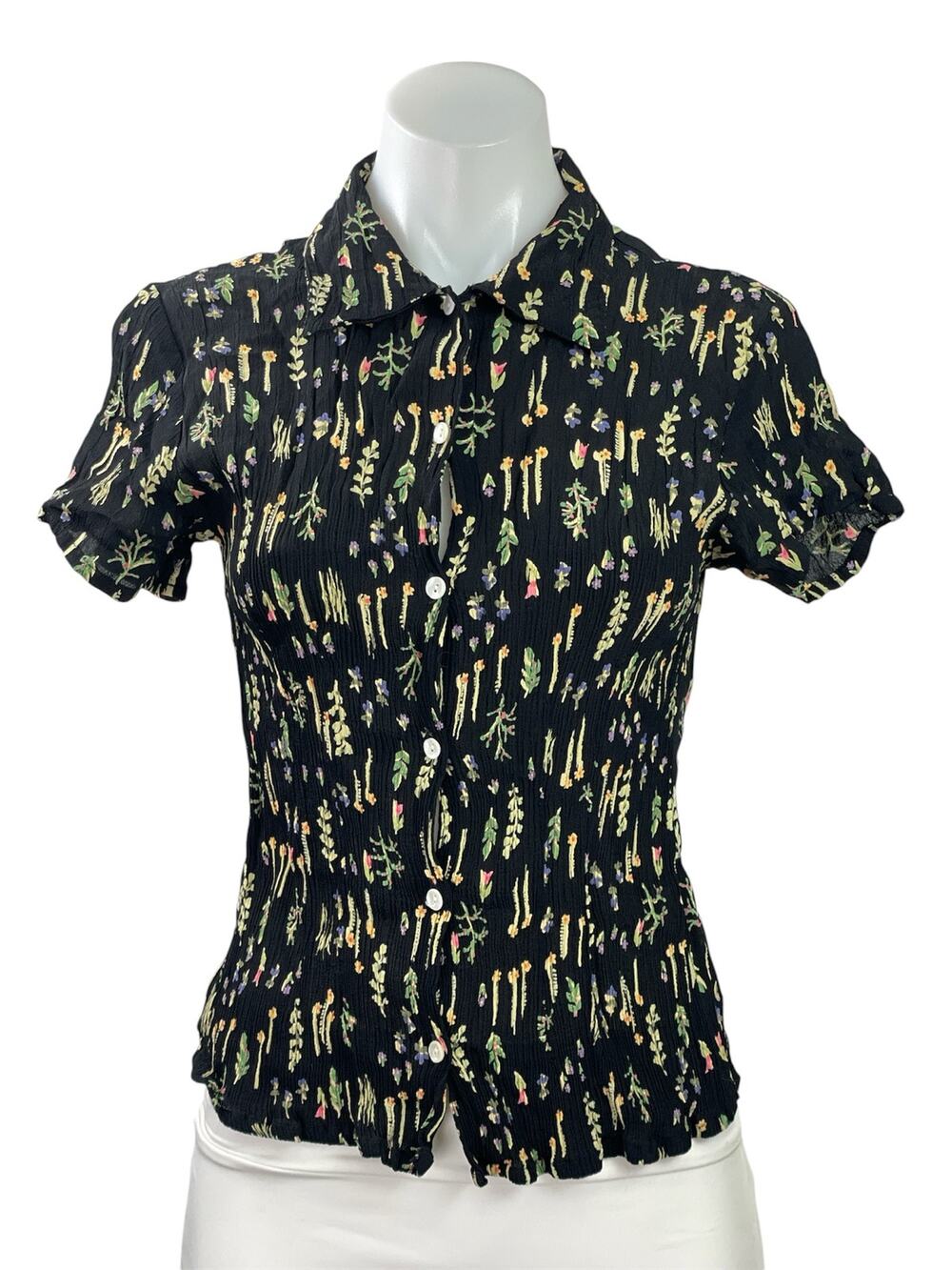 Putomayo Womens Black Floral Crinkled Short Sleeve Button Down Shirt Top Size S